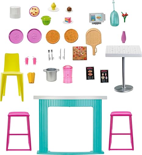 Barbie Set da gioco The Restaurant con oltre 30 accessori da cucina e 6 aree giochi, tra cui bambola, multicolore, giocattolo per bambini dai 3 anni in su, HGP59, confezione sostenibile