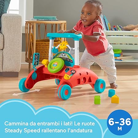 isher-Price Primi Passi al Volante, giocattolo ispirato a una macchina che incoraggia i bambini a camminare, Giocattolo per Bambini 6-36 Mesi, Versione Inglese+Italiano+Portoghese+Spagnolo HJP46
