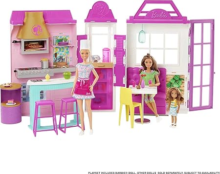 Barbie Set da gioco The Restaurant con oltre 30 accessori da cucina e 6 aree giochi, tra cui bambola, multicolore, giocattolo per bambini dai 3 anni in su, HGP59, confezione sostenibile