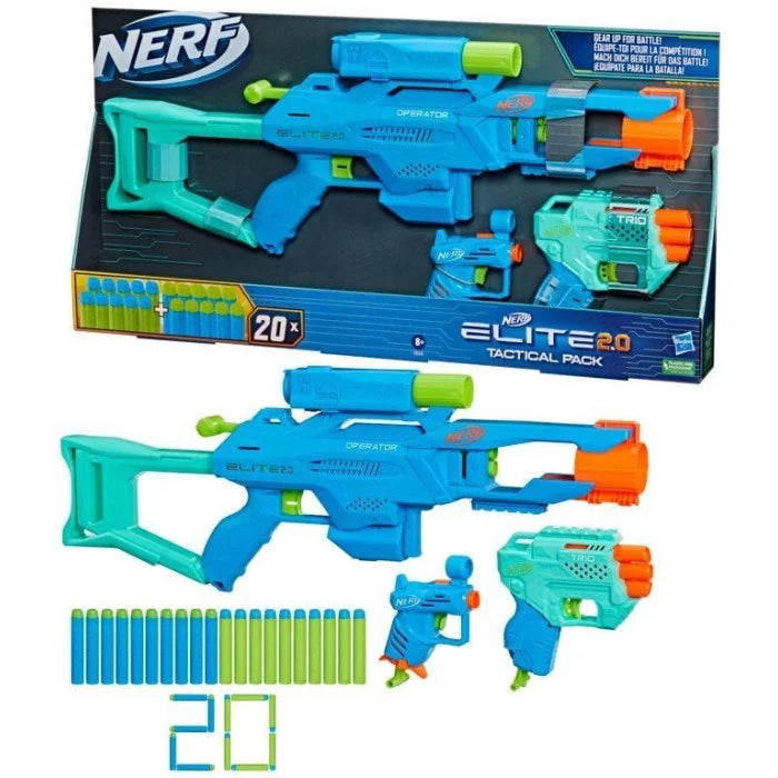 Nerf Elite 2.0, Tactical Pack con 3 blaster contenente il blaster Operator BD-2, il blaster Trio TD-3 e il blaster Ace SD-1, 20 dardi Nerf Elite, facile da usare